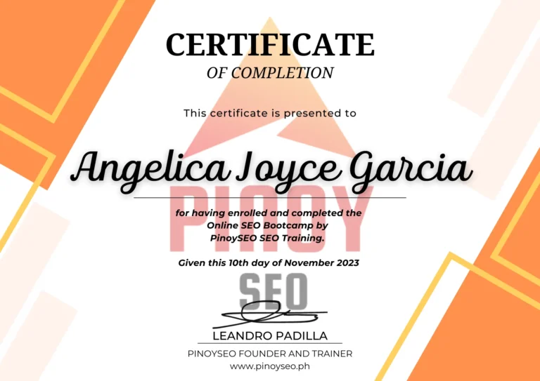 Certificate of Completion for PinoySEO's SEO Training, awarded to Angelica Joyce, marking her new proficiency in search engine optimization techniques
