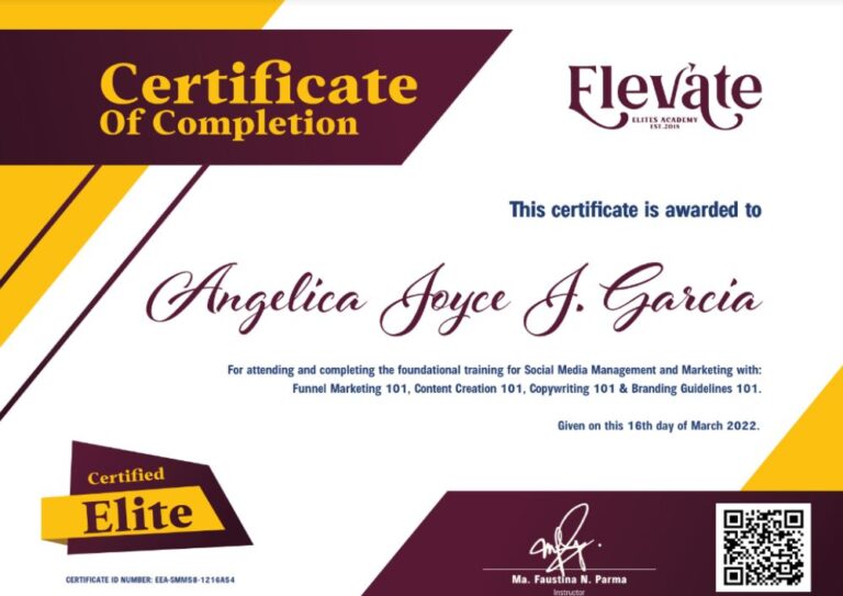Certificate of Completion to Social Media Management and Marketing by Elevate Elites Academy