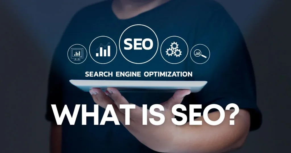 An illustrative representation of "What is SEO" showcasing various factors including keyword implementation, backlinks, and site architecture, all playing a role in improving website rankings.